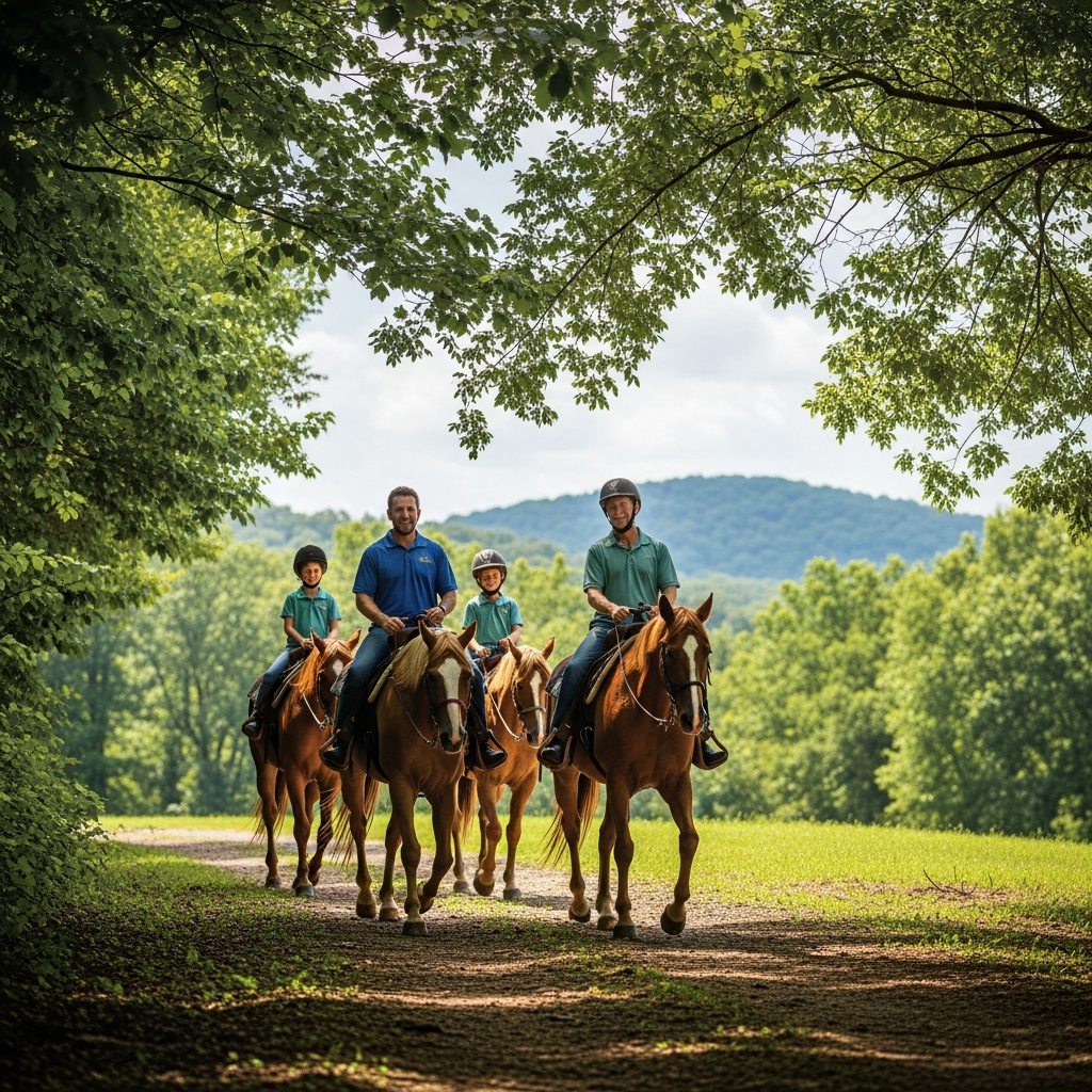 best time to buy home Charlotte NC - family horseback riding on scenic Charlotte trail