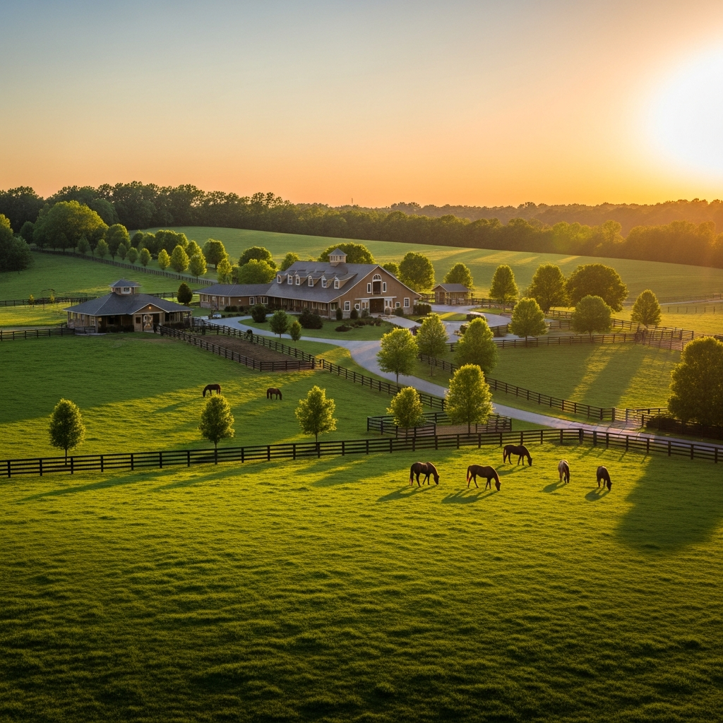 equine property realtor Charlotte NC - beautiful horse farm at golden hour